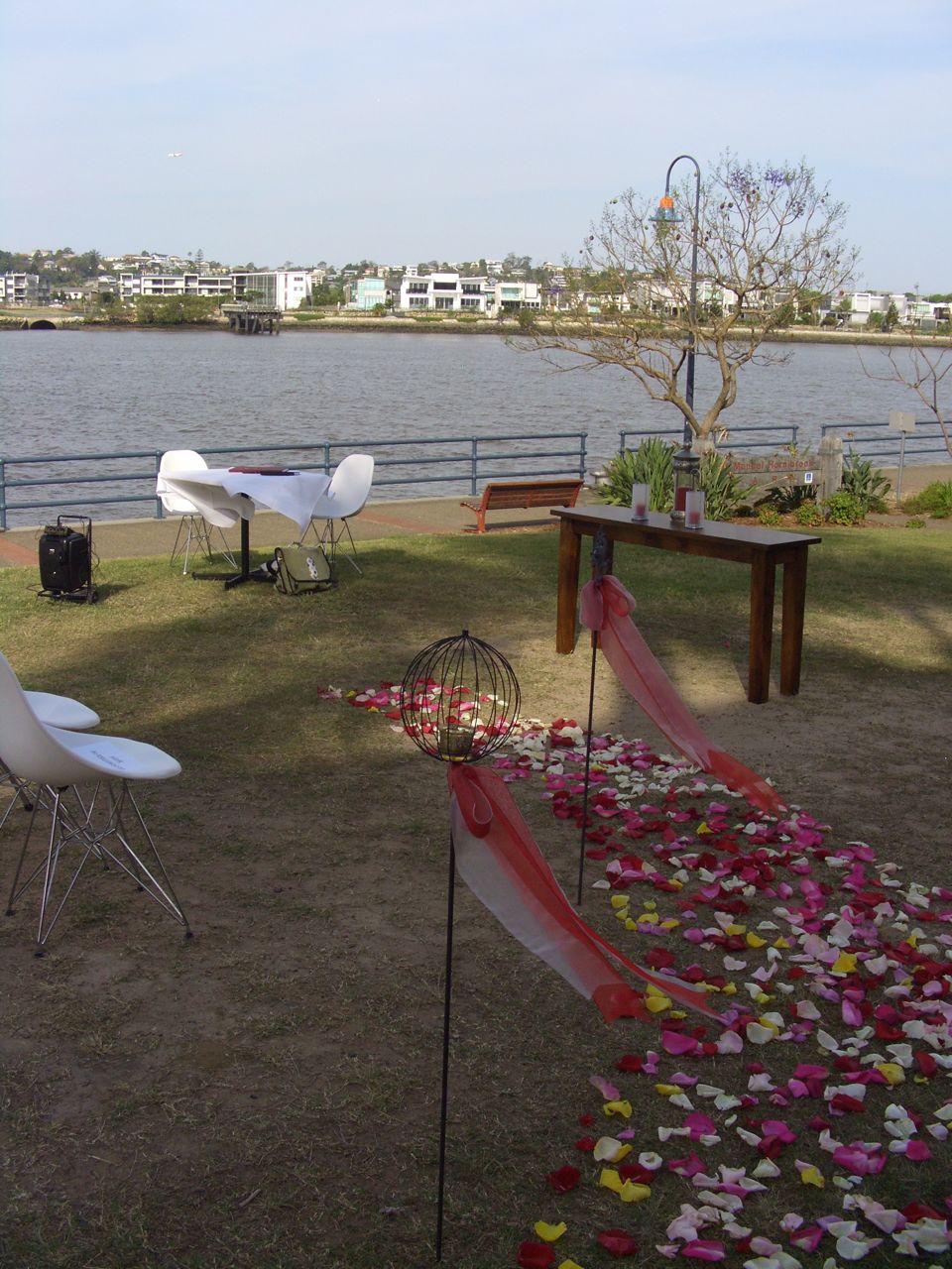 Petals down the aisle towards a wedding ceremony