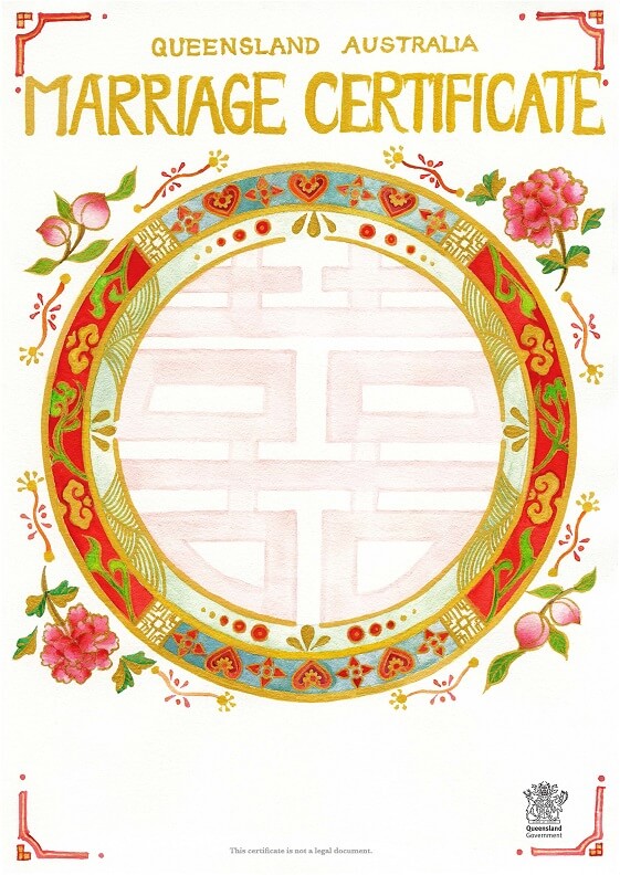 Queensland commemorative marriage certificate - double happiness design
