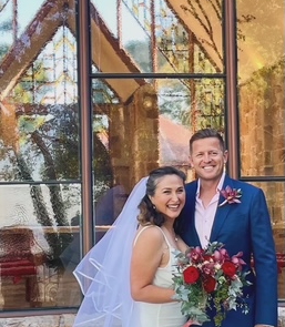 Couple married at The Chapel Montville ; the glass chapel in the centre of the village